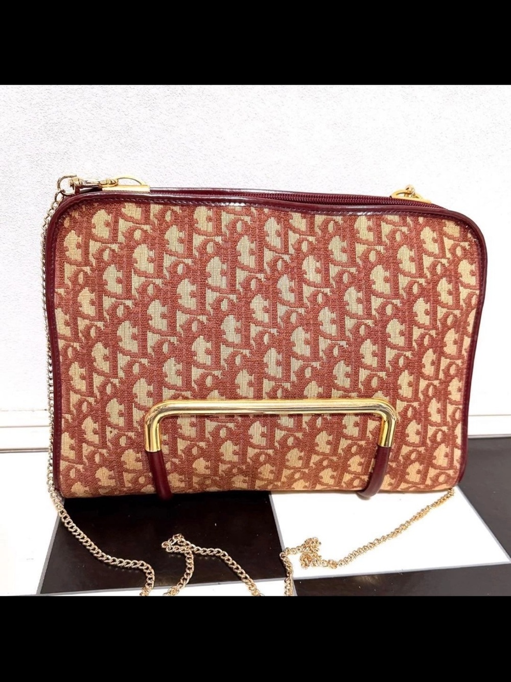 Dior Red-Brown Oblique Canvas Chain Shoulder Bag